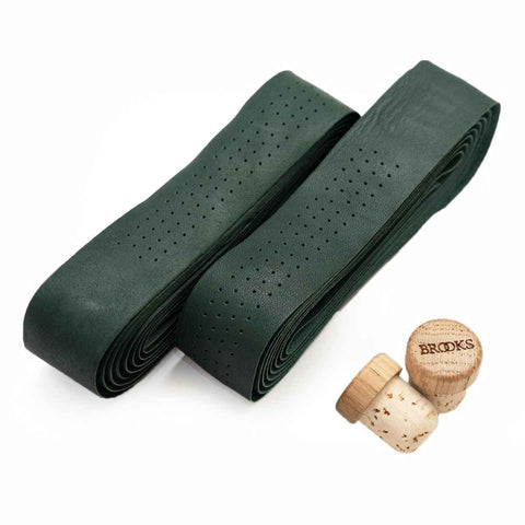 Brooks Genuine Leather Bar Tape in Forest Green with cork and wood bar-end plugs