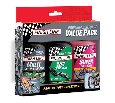 Finish Line Premium Bike Care Value Pack box with Degreaser, DRY Lube, and Super Bike Wash