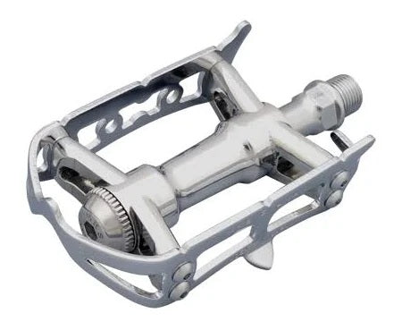 MKS Aylvan Road Bike Pedal in polished silver finish, featuring a wide platform and toe clip compatibility for fixie, single-speed, and commuter bikes