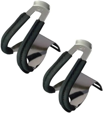 MKS Half Toe Clips with black leather cover and silver steel frame, ideal for fixie, commuter, and urban cycling without pedal straps