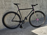 TrackloX Midnight Mirage TLX20MM – a black single-speed fixie bike with a chrome fork, purple hubs, and Arisun tires. Perfect for urban riding, bikepacking, and tracklocross