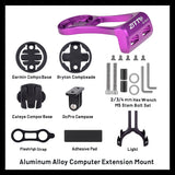 Detailed diagram showing installation parts for CNC Alloy Bike Computer Mount with light holder and GoPro adapter.