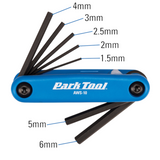 Park Tool AWS-10 fold-up hex wrench set opened with labelled hex key sizes
