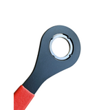 Close-up of 4-notch lockring wrench showing durable hardened steel and ergonomic grip.