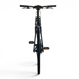 Front view of the XFIXXI TrackloX urban fixed gear bicycle with wide riser handlebar and 35c all-road tires.