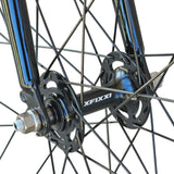 Close-up of the sealed bearing front hub and wheel on the XFIXXI TrackloX urban fixed gear bicycle.