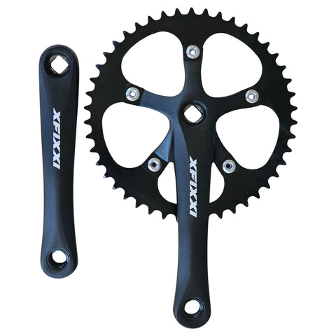 XFIXXI 165mm crank arms and 46T chainring displayed side by side
