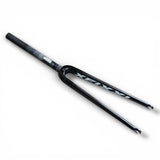 Angled view of XFIXXI full carbon fibre front fork in gloss black