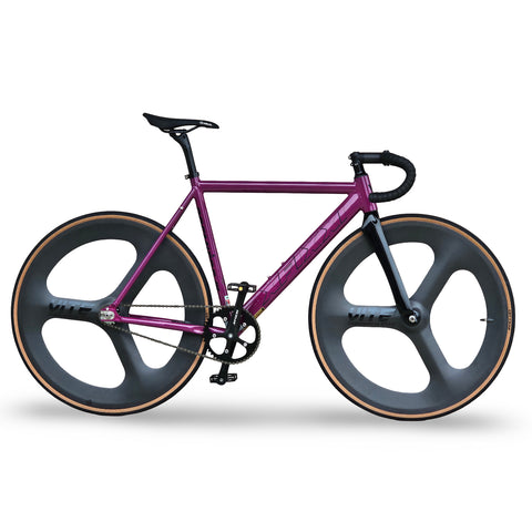 XFIXXI Première V3 Carbon Fixie in Imperial Violet with VITE 3-Spoke Carbon Wheels and gum wall tires – high-performance urban track bike