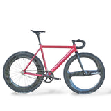 XFIXXI Première V3 Carbon Limited Edition fixed gear and single speed bike in red with tri-spoke front wheel and deep dish rear wheel