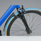 Close-up of XFIXXI quick-release front mud guard mounted on blue bike fork