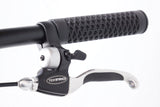 Close-up of the XFIXXI TrackloX Urban Bike's Tektro brake lever with an integrated bell. Featuring a black riser handlebar, textured rubber grip, and a responsive alloy brake lever for urban cycling