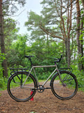 XFIXXI TrackloX Touring Bike with Gates Carbon Belt Drive, equipped with front and rear racks, fenders, and 35c gravel tires. Photographed on a scenic forest trail, ideal for bikepacking and long-distance touring