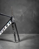 Front angled view of XFIXXI VELO carbon fork and frameset